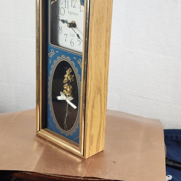 Ingraham USA Vintage Blue Gold Rose Etched Glass Quartz Analog Mantle Wall Clock - Picture 7 of 16